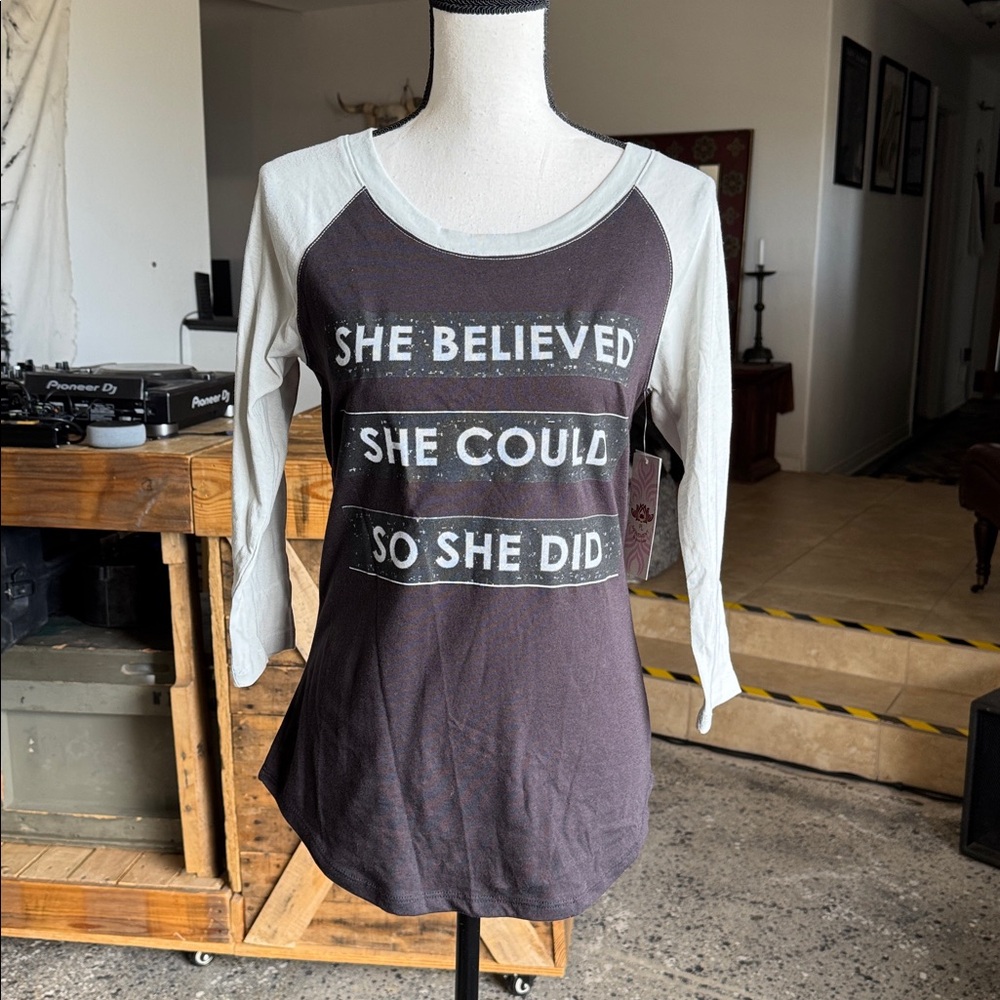 NWT “She Believed She Could” Henley Baseball Tee